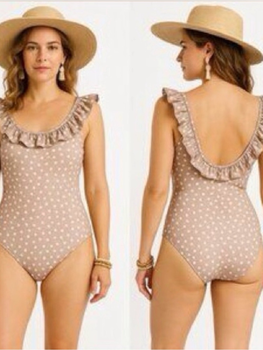 Imagine Perry Ruffle Scoop Back One-Piece Swimsuit in Taupe Polka Dot XL